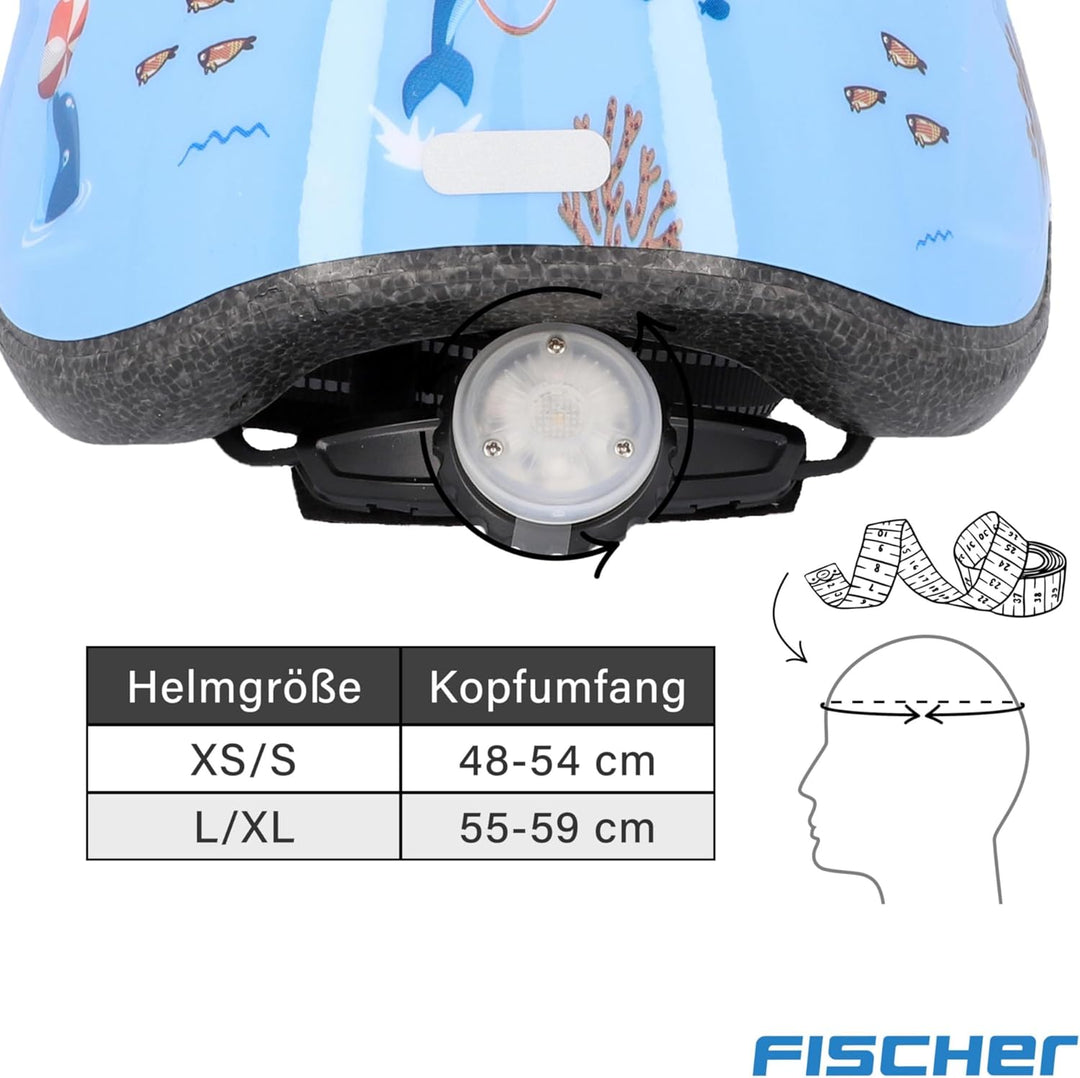 FISCHER Kinder-Helm, Fahrradhelm, Jugendhelm mit integriertem LED-Rücklicht, XS/S, 48-54cm Delfin, D
