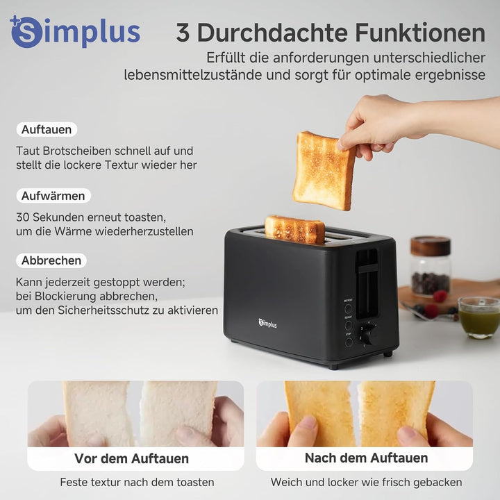 SIMPLUS Toaster 2 Scheiben, 7 Bräunungsstufen, extra breite Toastschlitze, Auftau- &amp; Aufwärmfunktion