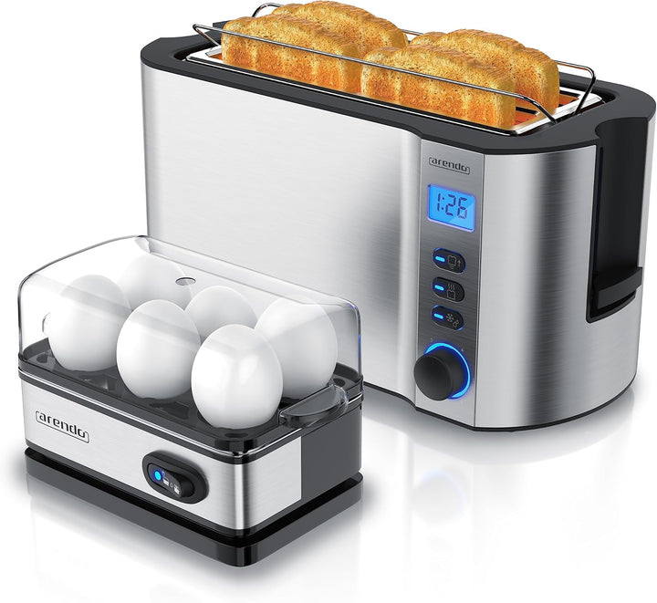Arendo - SET Toaster MANHA mit Eierkocher SIXCOOK Edelstahl Silber, Toaster 4 Scheiben LED-Display 6