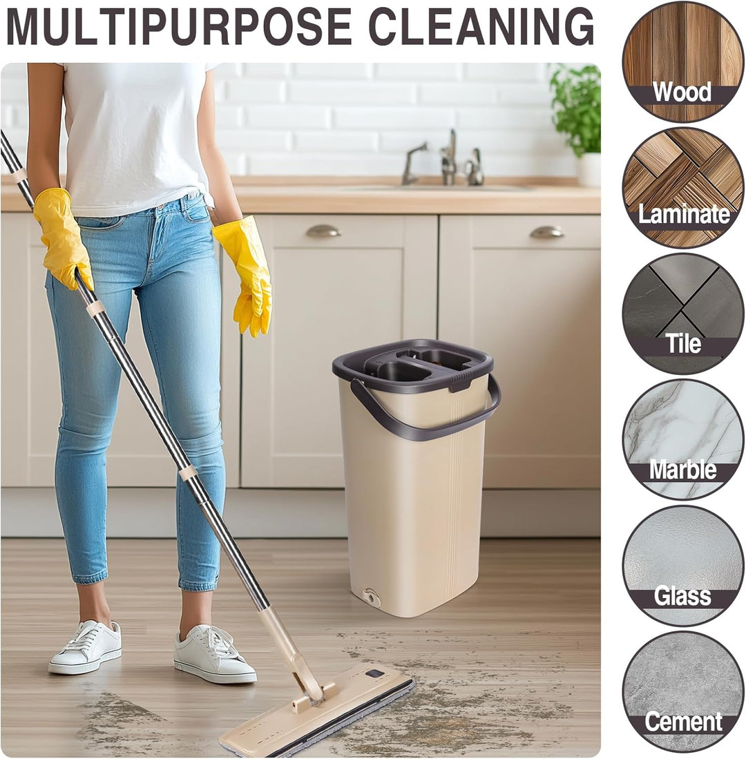 MASTERTOP Wischmopp Set und Putzeimer, Bodenwischer mit 6 Mikrofaser-Pads, Selbstreinigend Flach Mop