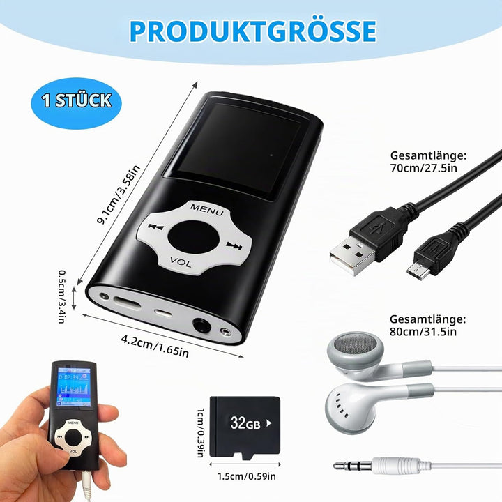 32GB MP3-Player/MP4-Player, Speicher, Verlustfreier Klang, HD Lautsprecher, Sprachrekorder, 1,8 Zoll