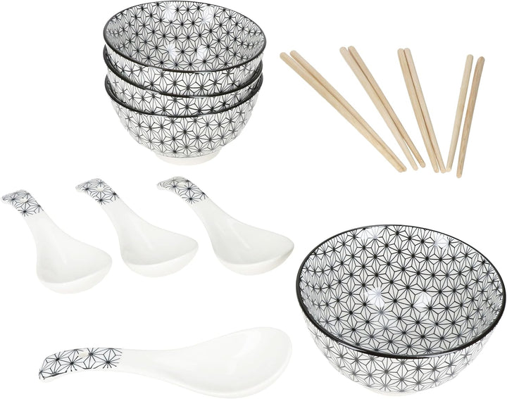 MamboCat Sushi Set für 4 Personen I asiatisches Geschirr Set aus Keramik &amp; Bambus I schwarz weiss I