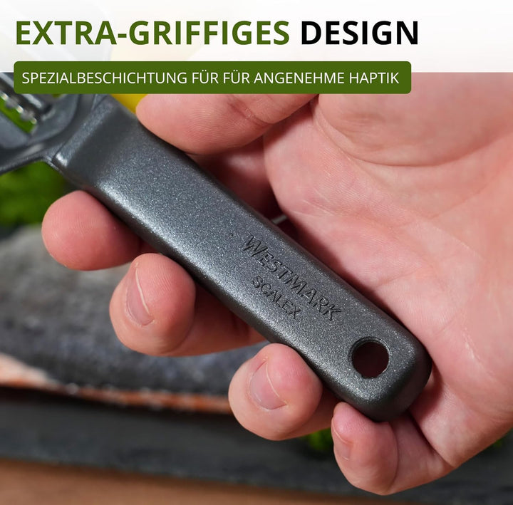 Westmark 65007760 Fischentschupper mit Schuppenauffangschale Black Edition – Aluminium, lebensmittel