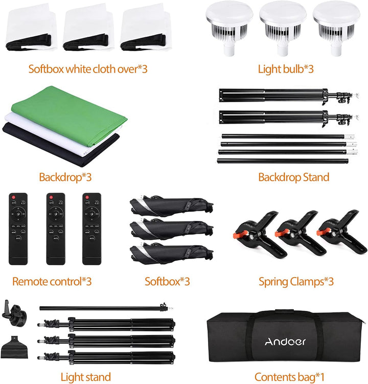 Andoer Softbox Fotostudio Set mit Greenscreen Set, 2 x 3 Meter Fotostudio Hintergrundsystem mit 3 So