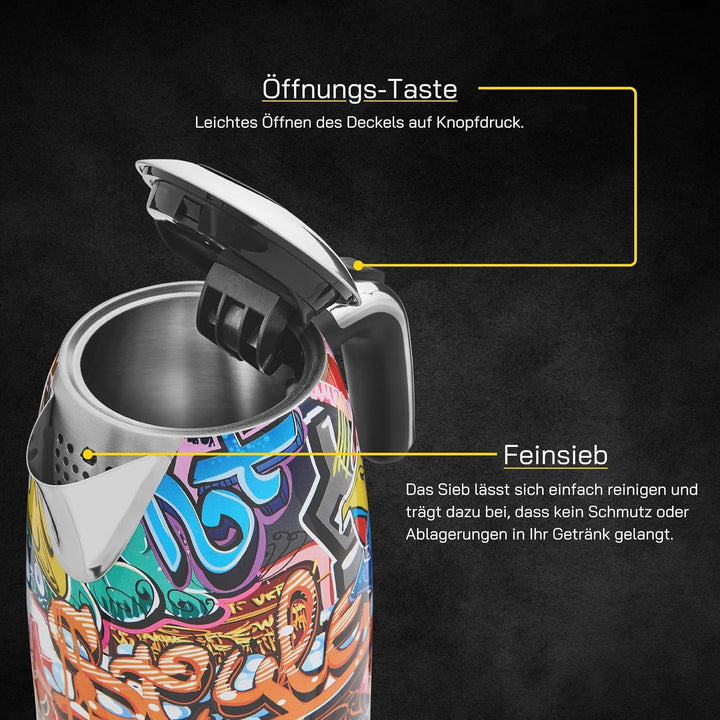 GUTFELS Wasserkocher WATER 3010 G | Elektrischer Wasserkocher 1,7 Liter Graffiti-Style | 2200 Watt |