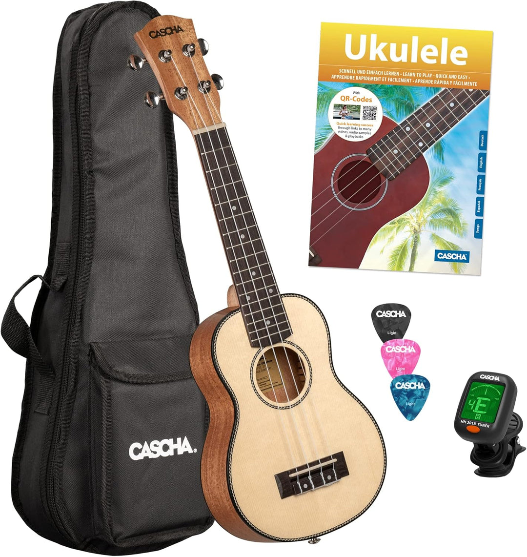CASCHA Sopran Ukulele, Massive Fichtendecke, Solid Top, Hawaii Gitarre Starter Lern Set mit Zubehör,