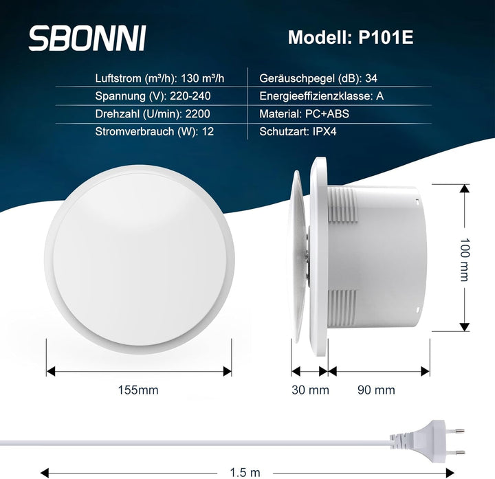 SBONNI Badlüfter 100mm, 12W Leiser Abluftventilator, 130m³/h Starker Lüftung Wandventilator, Geräusc