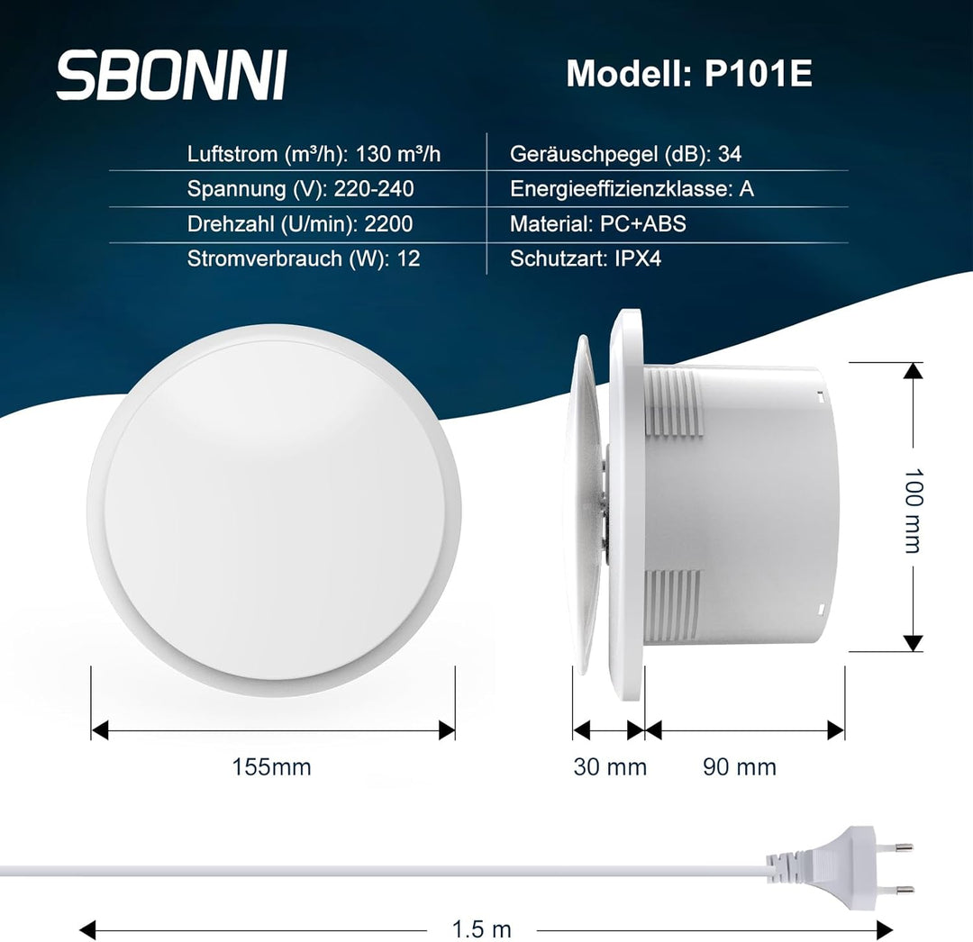 SBONNI Badlüfter 100mm, 12W Leiser Abluftventilator, 130m³/h Starker Lüftung Wandventilator, Geräusc