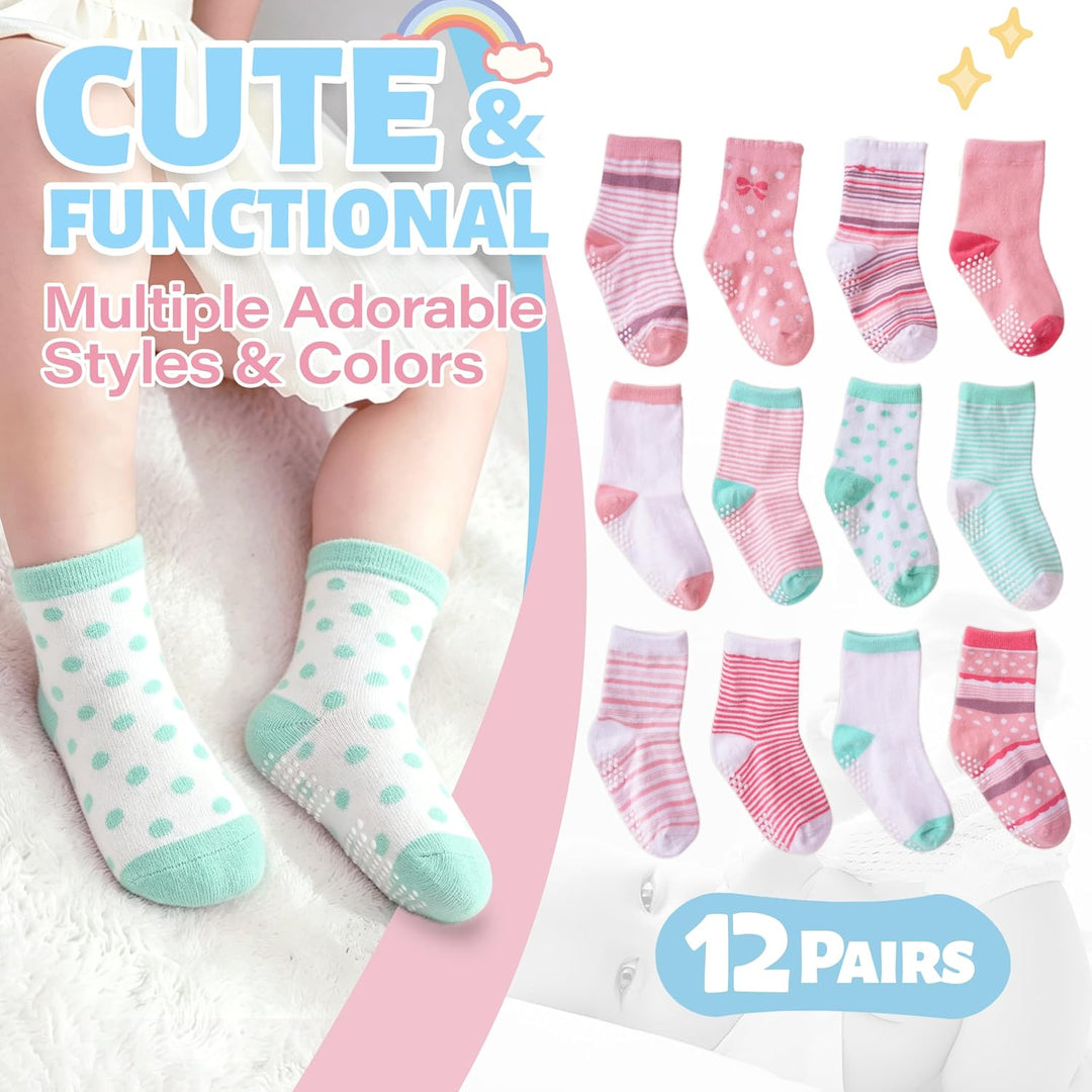 ANTSANG 12 Paare Stoppersocken Kinder Baby Mädchen Socken Anti Rutsch / Rutschfeste Socken Baumwolle