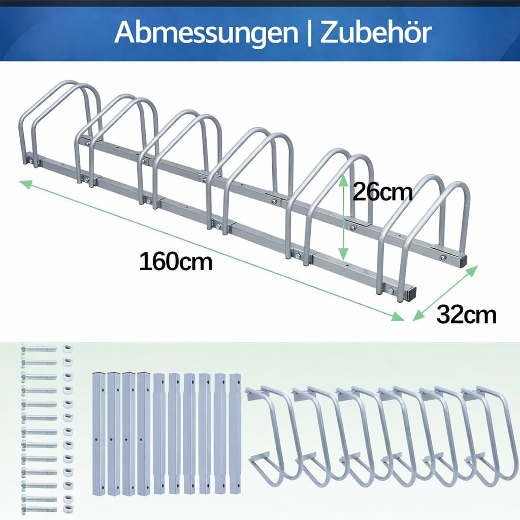 Fahrradständer für 6 Fahrräder – 16mm verzinkter Stahl, 30cm Abstand, für 35-55mm Reifen, Boden- &amp; W