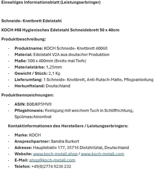 KOCH #68 Edelstahl Schneidebrett satinierte Oberfläche 50 x 40cm MIT hinterer Kantung - Hygiene Arbe