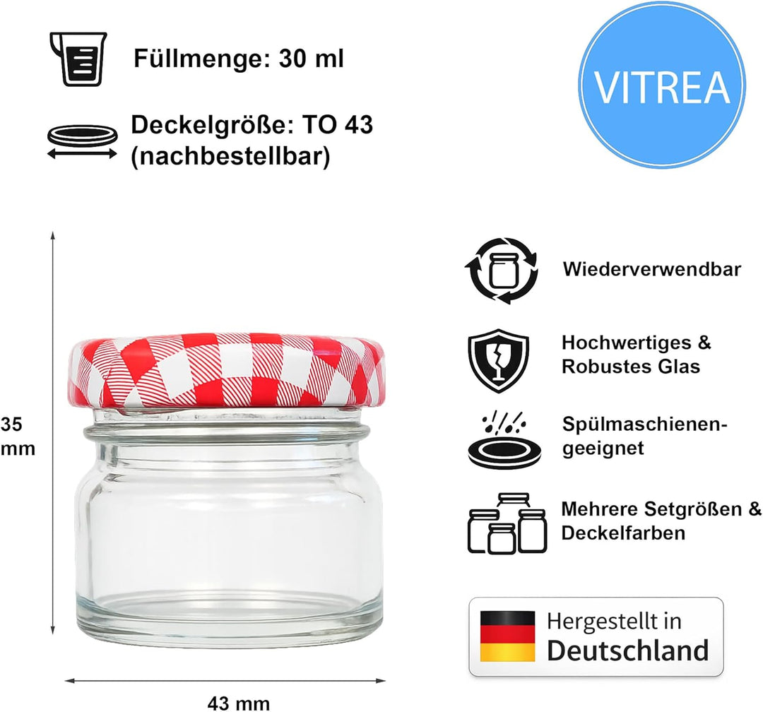 Vitrea 25x Mini Marmeladengläser 30 ml - mit Deckel Rot Kariert TO 43 - kleine Einmachgläser zum bef