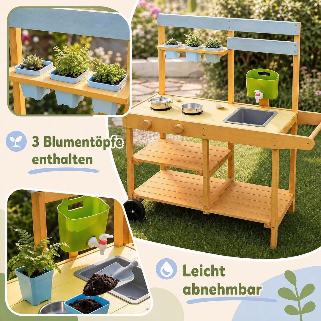 DREAMADE Matschküche Kinder Outdoor, Spielküche mit Herd &amp; Kochzubehör | Kinderküche mit Griff &amp; 2 R