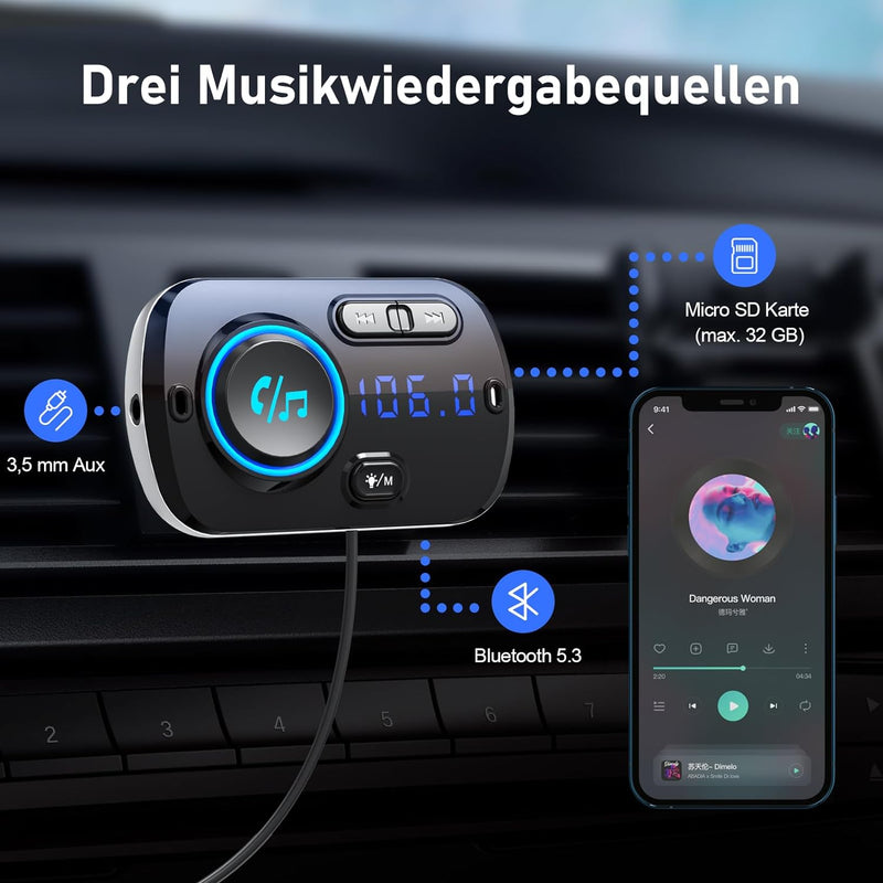 Bluetooth 5.3 FM Transmitter, SONRU Bluetooth Adapter Auto mit Freisprechanlage, [30W PD & 18W QC3.0