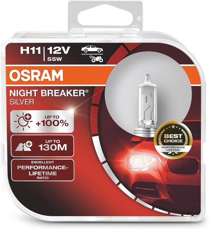 Osram Night Breaker Silver H11, +100% mehr Helligkeit, Halogen-Scheinwerferlampe, 64211NBS-HCB, 12V