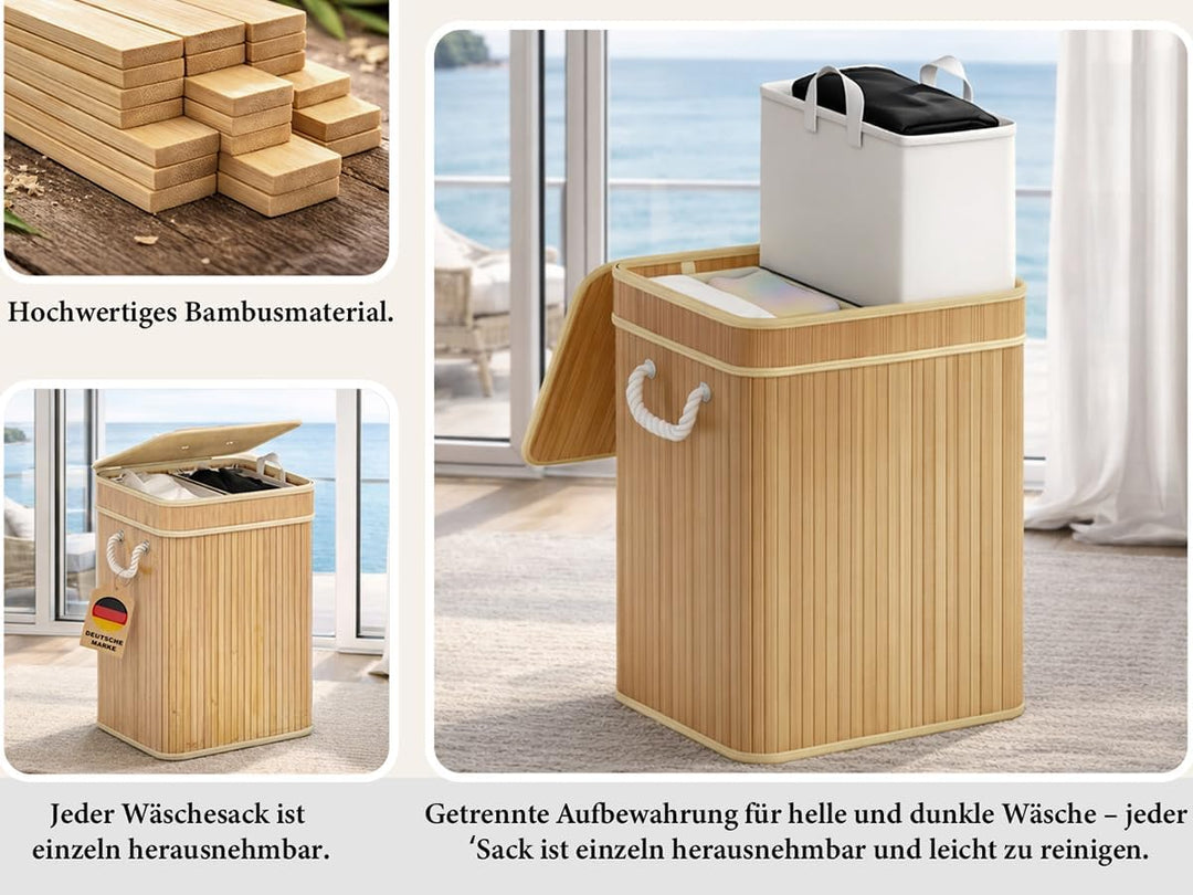 AdelDream Wäschekorb 150L Bambusoptik mit Deckel & Griffen, 3-Fach Wäschesammler Faltbar, Wäschebox