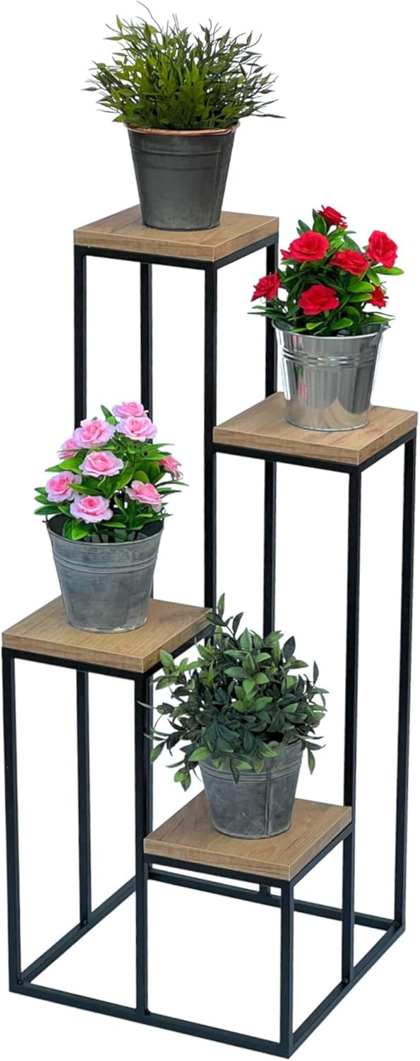 DanDiBo Blumentreppe Metall Schwarz Holz 90 cm Pflanzentreppe Blumenständer 96349 Blumensäule Modern