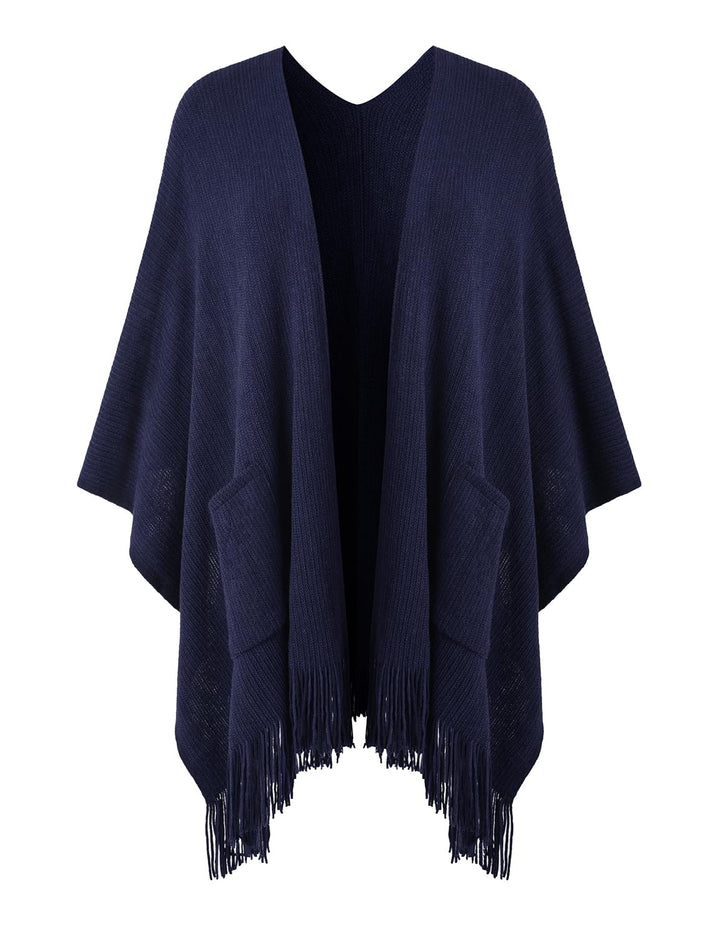 Ferand Damen Poncho mit Offener Vorderseite und Taschen, Weiche Strick Cape mit Fransen für Herbst W