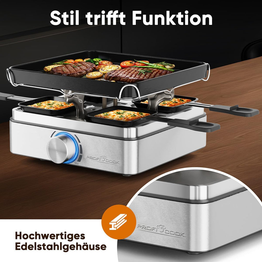 ProfiCook® Raclette 4 Personen | inkl. 4 Pfännchen und 4 Holzspachtel | Wendegussplatte für gleichmä