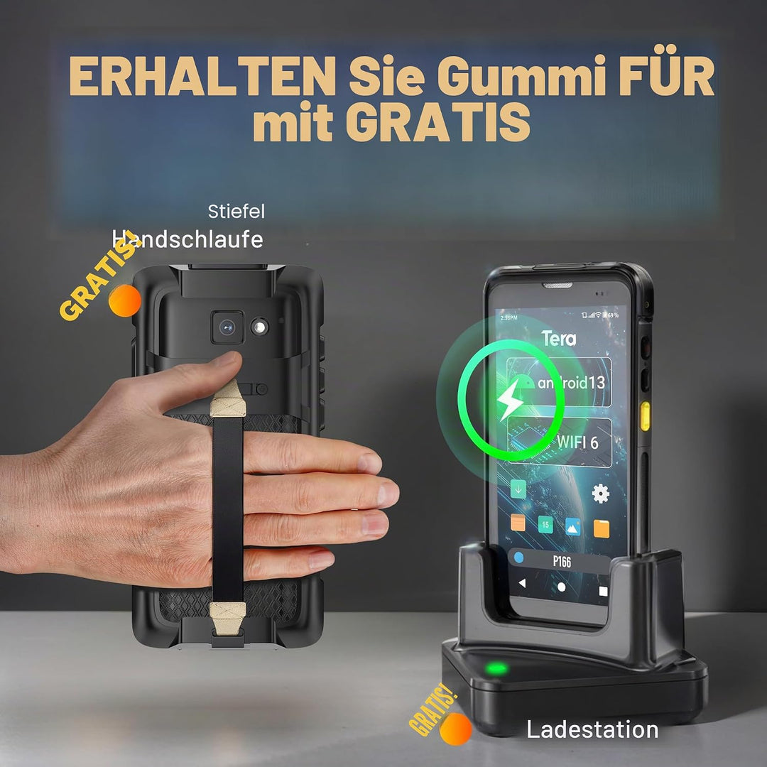 Tera Android 13 Barcode Scanner PDA: 5,5" Handheld Mobiler Computer 4GB+64GB mit Ladestation 1D 2D Q