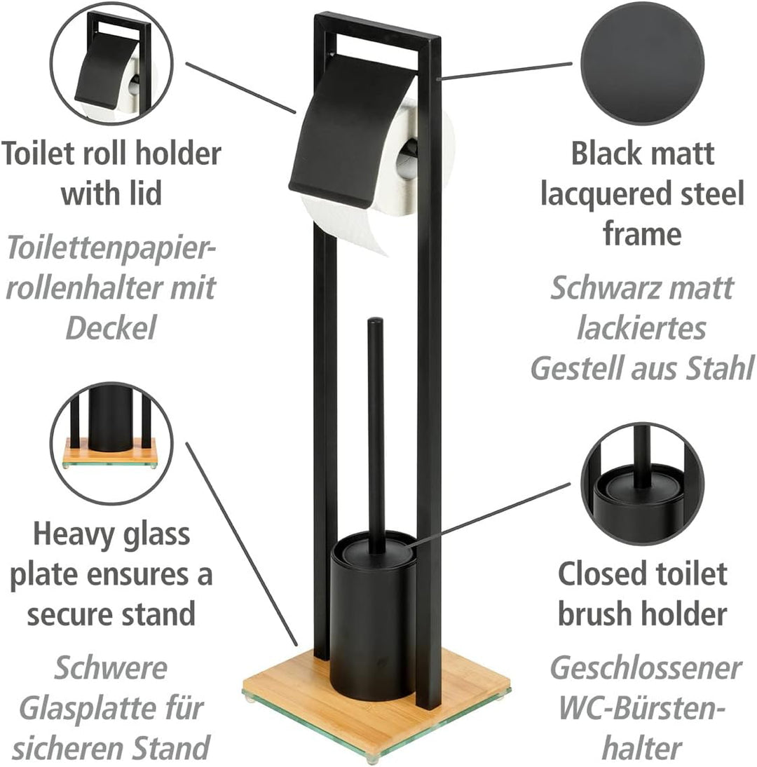 WENKO Stand WC-Garnitur Bambusa, inkl. Rollenhalter und WC-Bürste im Loft-Stil, matt lackierter Stah