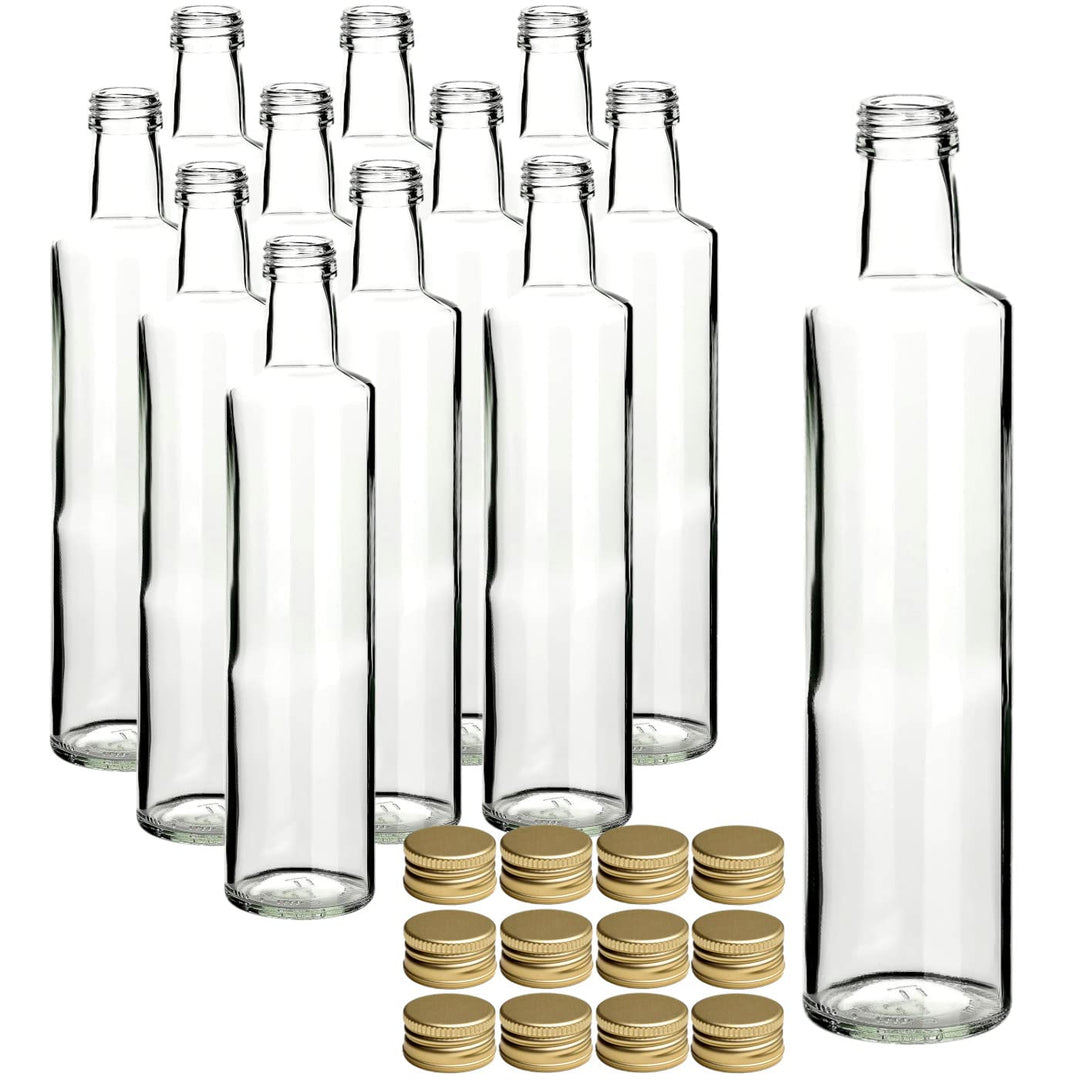gouveo 12er Set 500ml Glasflaschen Dorica klar mit goldfarbenem PP 31,5 Schraubverschluss - Essigfla