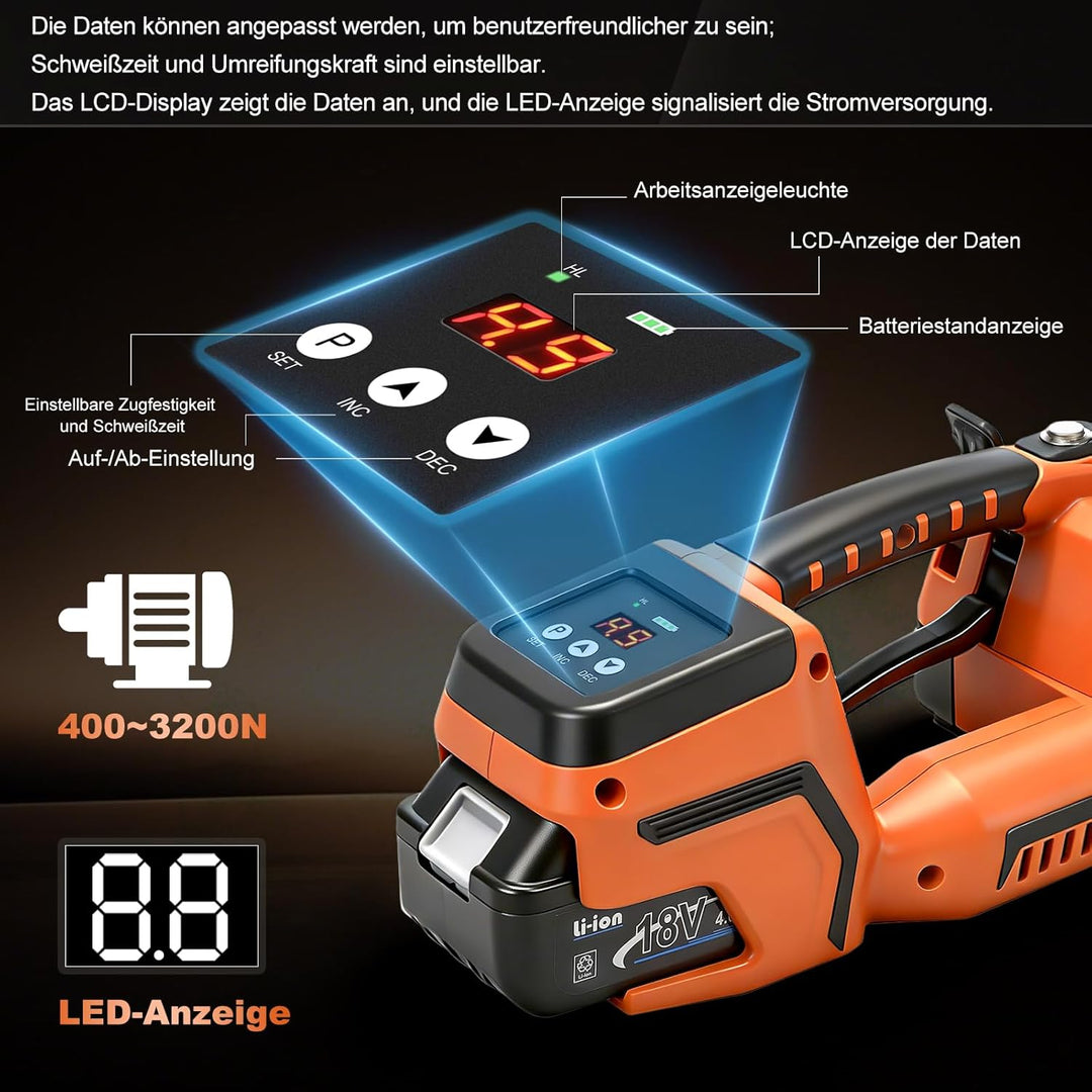 Umreifungsgerät Akku für 13-16 mm PP-/PET-Band mit Digitaldisplay, 2 x 4000 mAh Akku, 900-3500N Elek