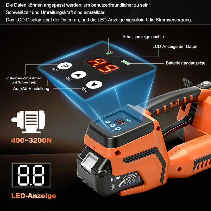 Umreifungsgerät Akku für 13-16 mm PP-/PET-Band mit Digitaldisplay, 2 x 4000 mAh Akku, 900-3500N Elek
