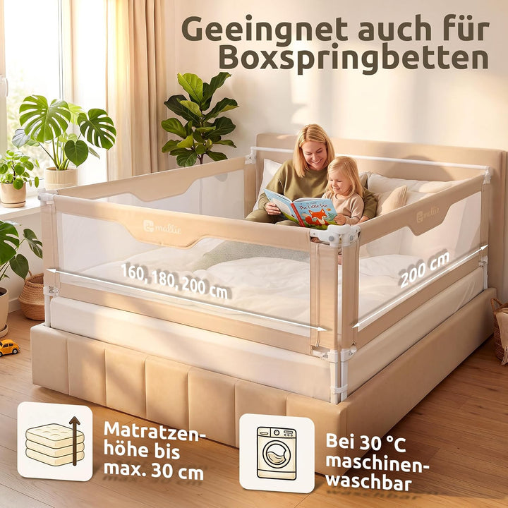 Mallie® Rausfallschutz Boxspringbett 200x200cm Elternbett Beige | 3-seitiges Set mit MALLIEFIX 2.0 C
