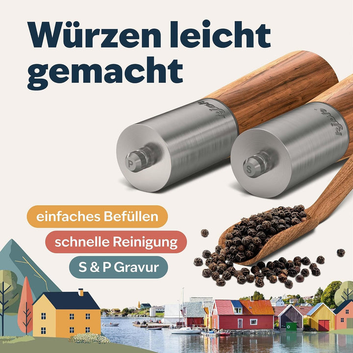 kjøk Premium Salz und Pfeffer Mühle Edelstahl und massives Akazienholz mit Untersetzer, Reinigungsbü