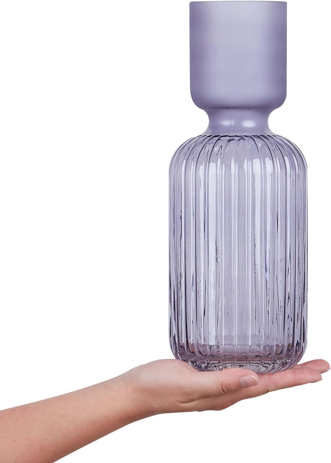 Hohe Deko Blumenvase Glas violett 31 cm mit Rillen schmalem Hals Modern Tragana