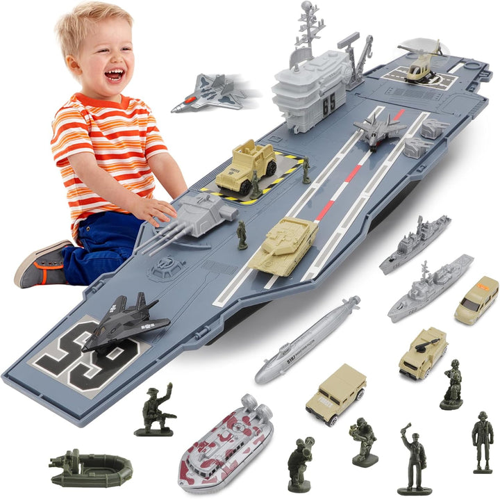 deAO Modellschiff-Flugzeugträger mit kleinen Modellflugzeugen, LKW, Panzer, U-Boot, Schlachtschiffen