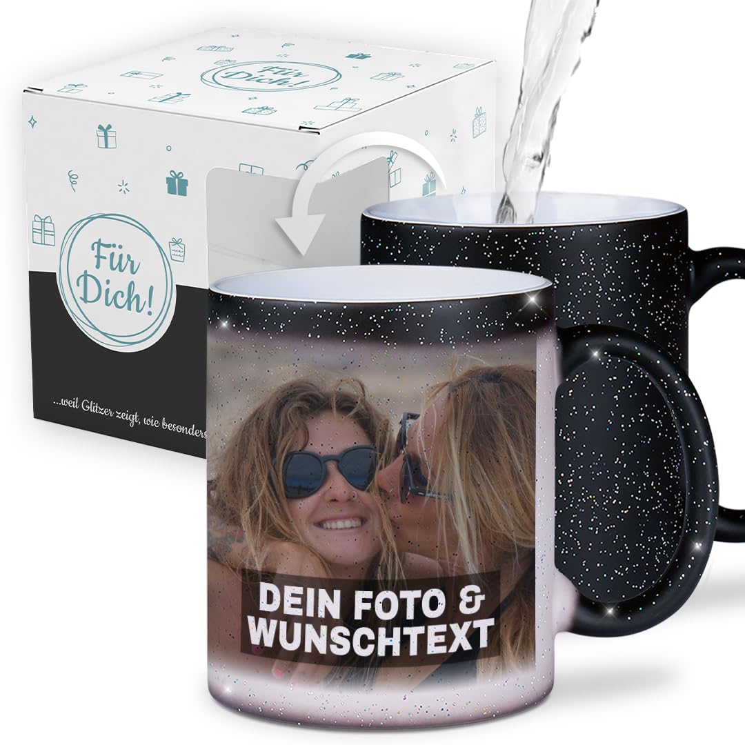 glitzertassen.de® | Personalisierte Magic Glitzertasse mit Text/Bild | Farbwechseltasse mit Glitzer