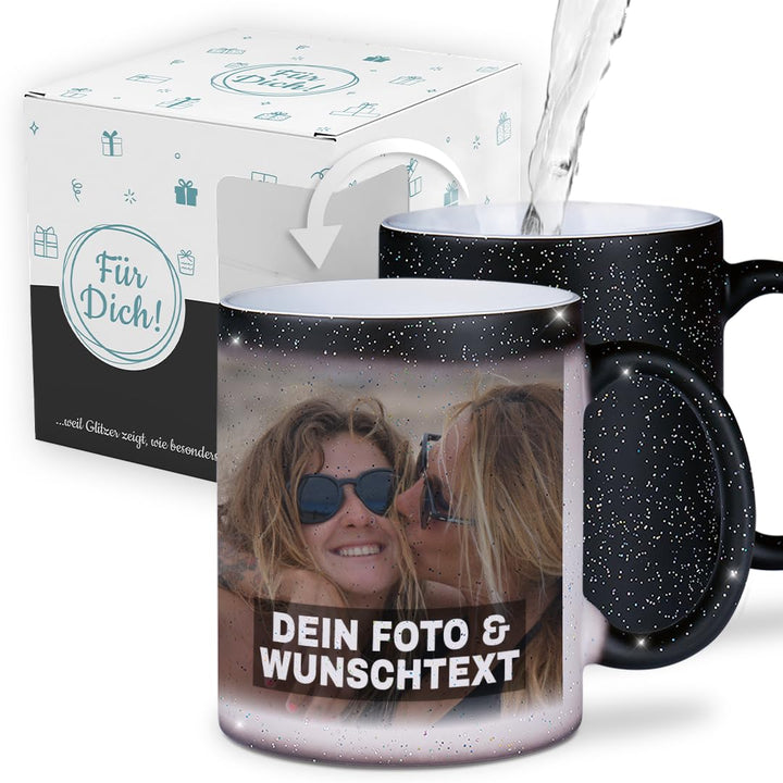 glitzertassen.de® | Personalisierte Magic Glitzertasse mit Text/Bild | Farbwechseltasse mit Glitzer