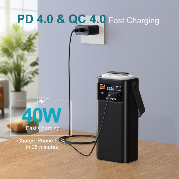 60000mAh Power Bank with Cable, 30W Powerbank PD USB C Schnellladefunktion Externe Akku mit LED-Disp