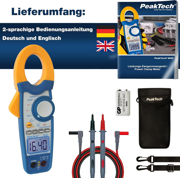 PeakTech True RMS Stromzange 1000A AC DC und Digital Multimeter 4000 Counts mit Durchgangsprüfer - C