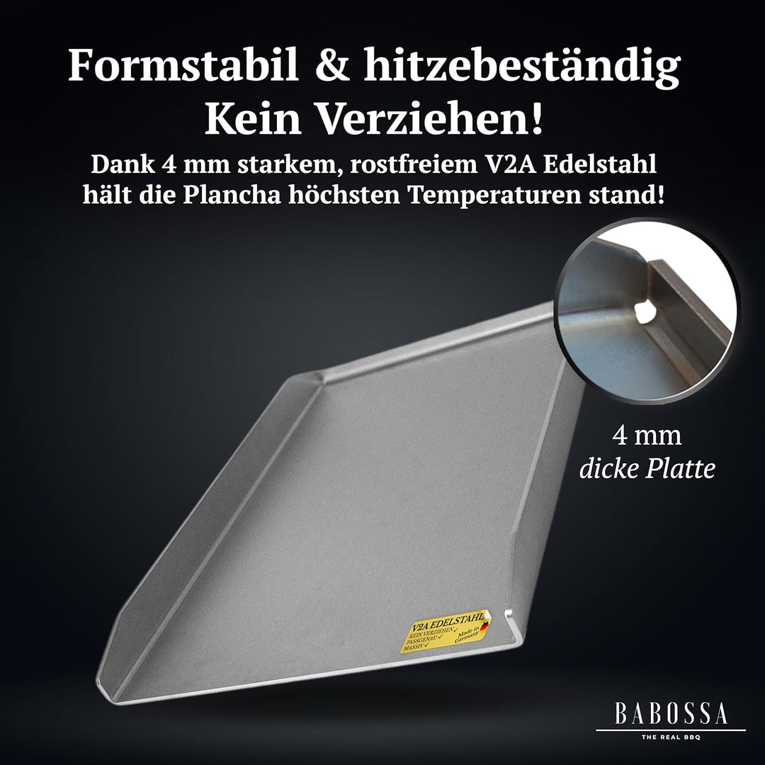 BABOSSA Grill Plancha aus V2A Edelstahl – Erstklassige Verarbeitung & perfekte Hitzeverteilung – kom