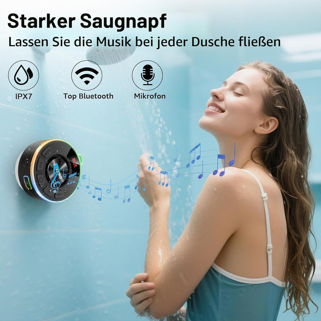 Wasserdichter Bluetooth Duschlautsprecher, 10H Bluetooth-Lautsprecher mit Saugnapf, Tragbare bluetoo