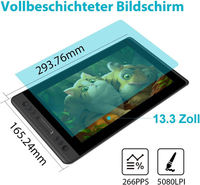 HUION Kamvas Pro 13 Grafiktablett mit Display, 13,3 Zoll HD Pen Batterieloser Stift PW507, Verstellb