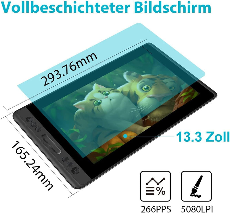 HUION Kamvas Pro 13 Grafiktablett mit Display, 13,3 Zoll HD Pen Batterieloser Stift PW507, Verstellb