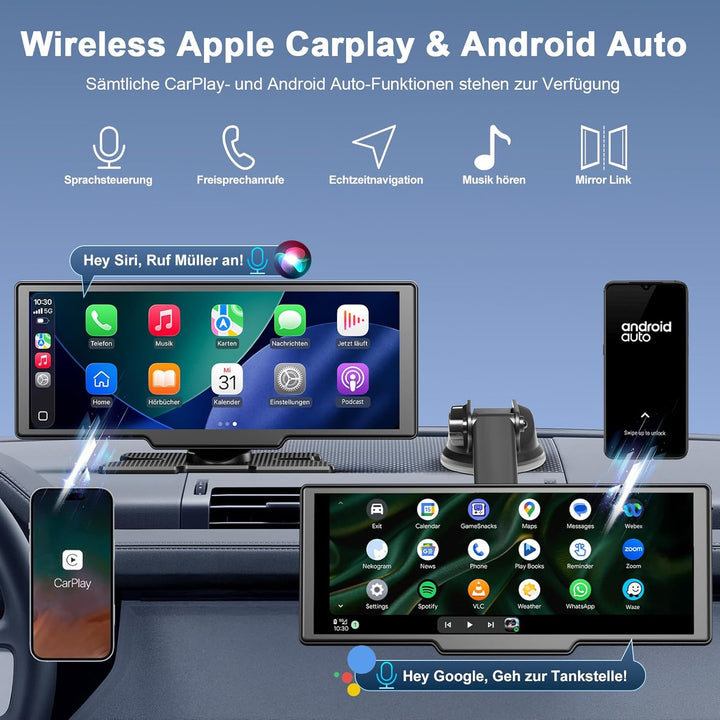 Carplay Display für Apple Car Play Android Auto 10,26 Zoll Tragbares Wireless CarPlay mit 1080P Rück