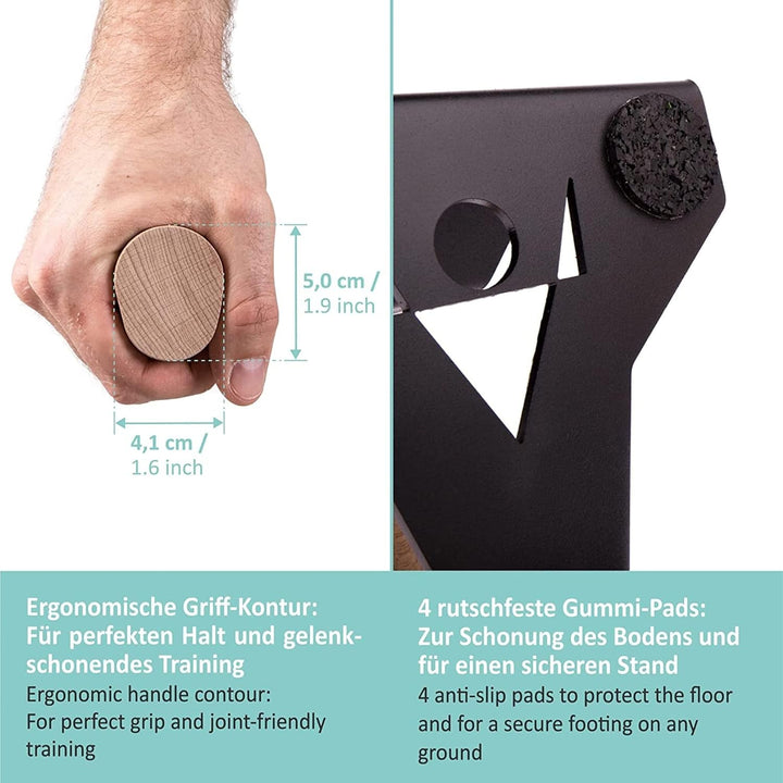 PULLUP & DIP Fitness Equipment Set - Liegestützgriffe mit ergonomischem Holz Griff, Bauchroller mit