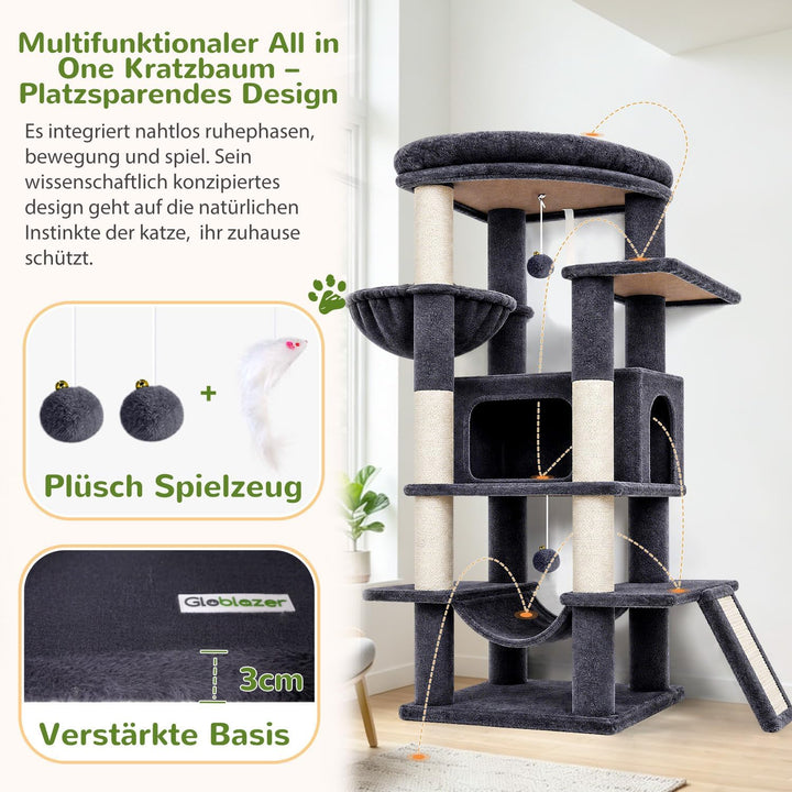 Globlazer Kratzbaum Stabil mit Extragross Loungebereich für 2/3 Katzen S56 | Katzenbaum 143cm Platz