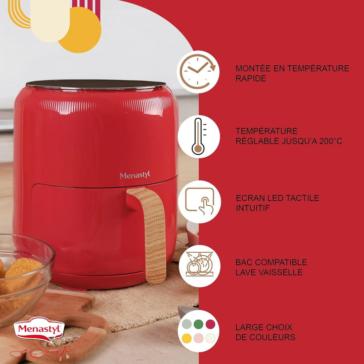 MENASTYL - Fritteuse ohne Heissluftöl Colorama – Magenta – ohne PFAS – 4,5 l – 8 Programme – Tempera