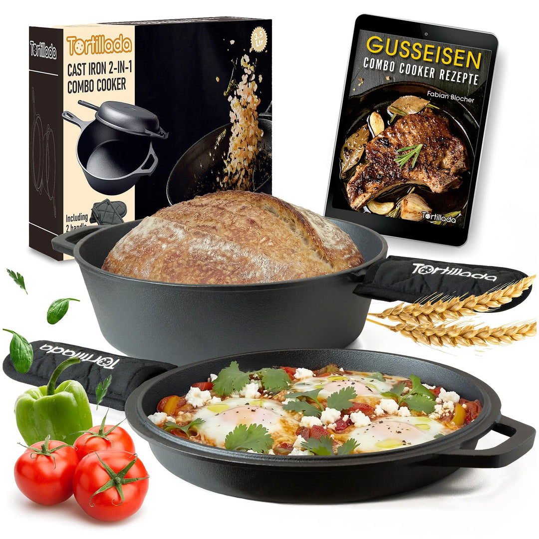 Tortillada - Gusseisen Topf zum Brot Backen | Dutch Oven (3.5 Liter) | 2 in 1 Combo Kocher | Beschic