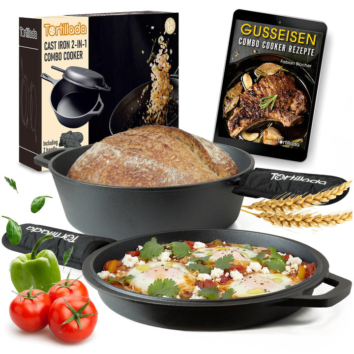 Tortillada - Gusseisen Topf zum Brot Backen | Dutch Oven (3.5 Liter) | 2 in 1 Combo Kocher | Beschic