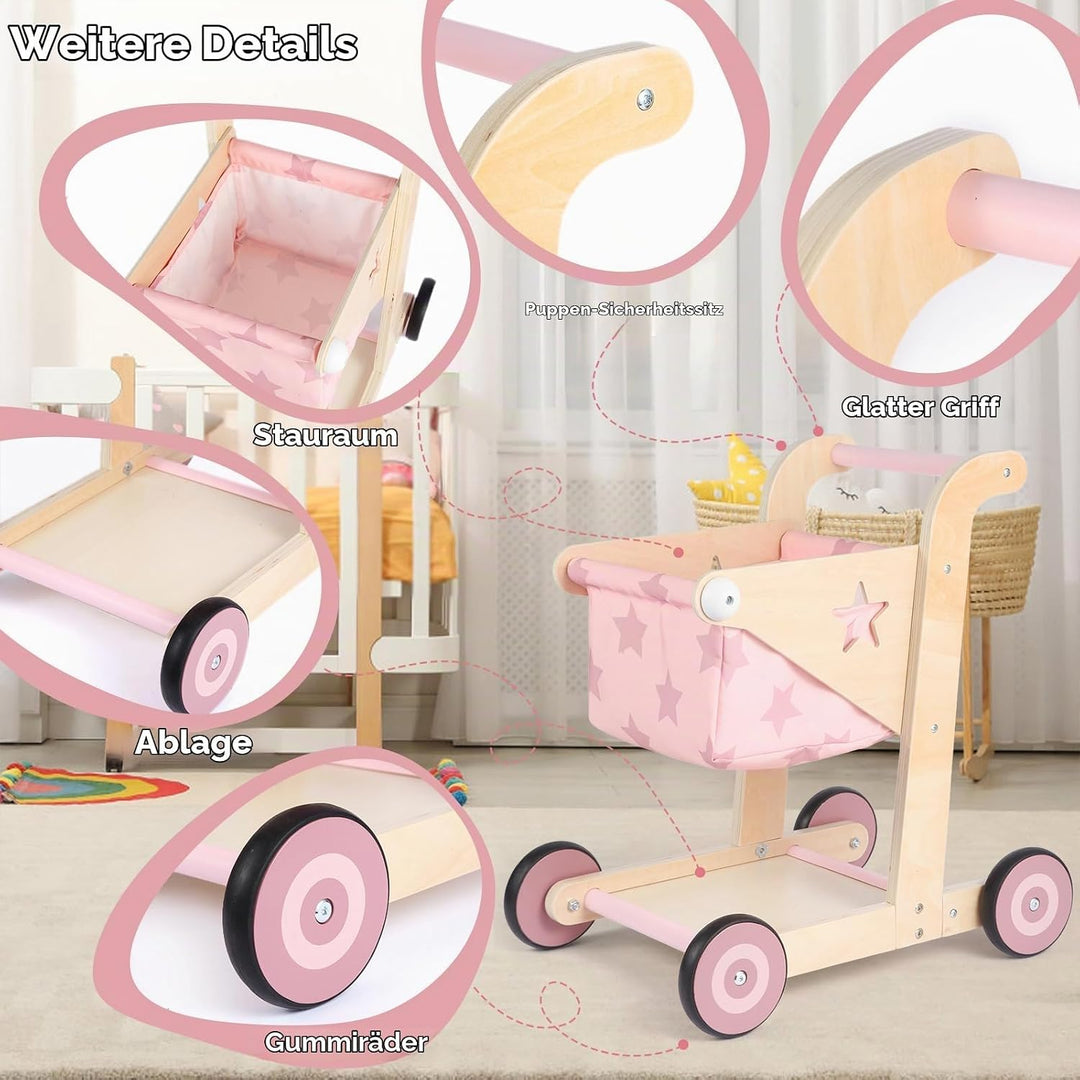 Asweets 2-in-1 Lauflernwagen Holz, Puppenwagen zum Schieben und Ziehen, Baby Walker, Kleinkindspielz