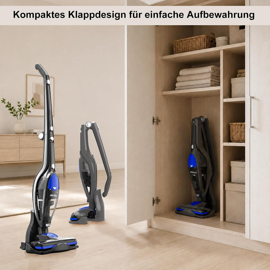 Akitas U10 2in1 Akku Staubsauger Beutellos, bis zu 30Min Laufzeit, Freistehend, 180° Drehgelenk，LED-