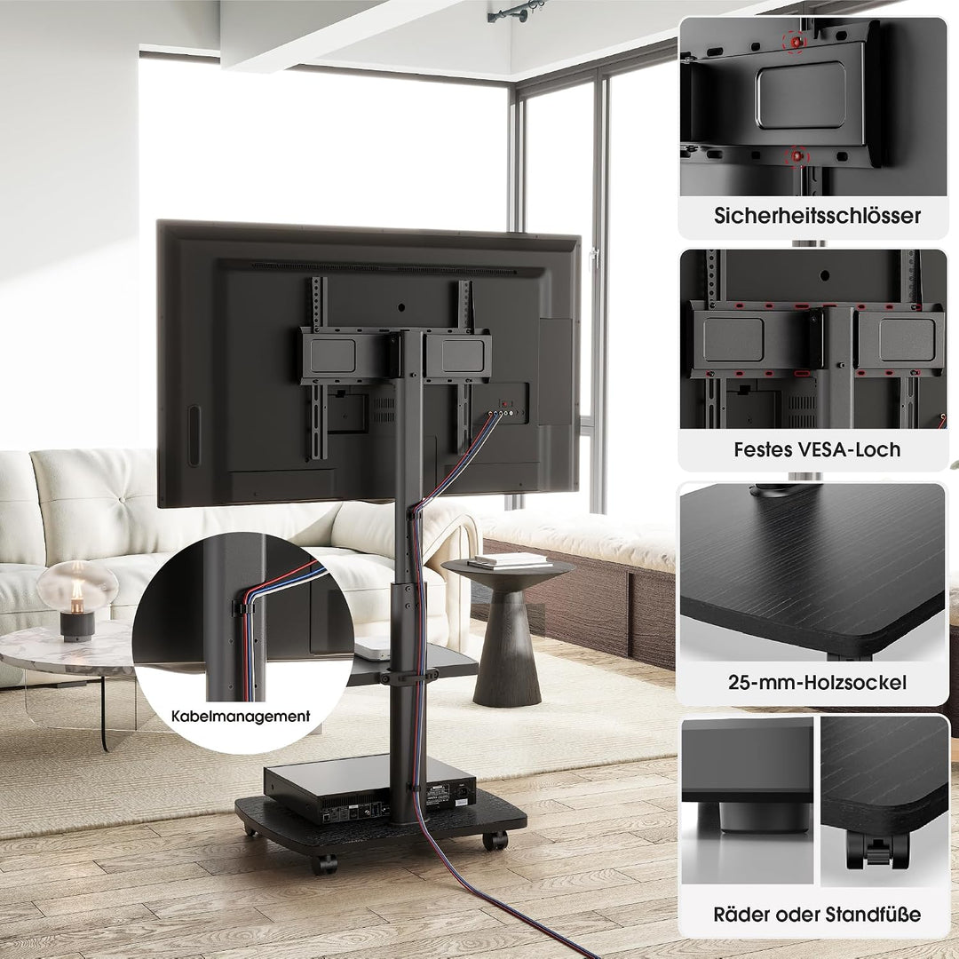 AOKCOS TV Ständer Rollbar mit Holzablage Regal, Fernsehständer auf Rollen für 32-65 Zoll Fernseher,