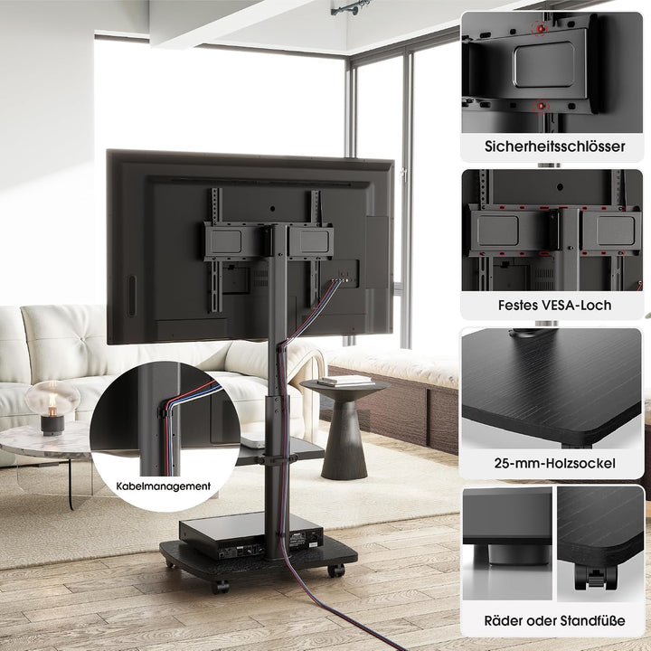 AOKCOS TV Ständer Rollbar mit Holzablage Regal, Fernsehständer auf Rollen für 32-65 Zoll Fernseher,
